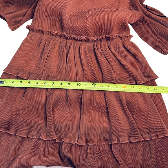 English Factory Pleated Tiered Midi Dress Mauve Puff Sleeve Ruffle Sz M Peasant - Picture 15 of 16
